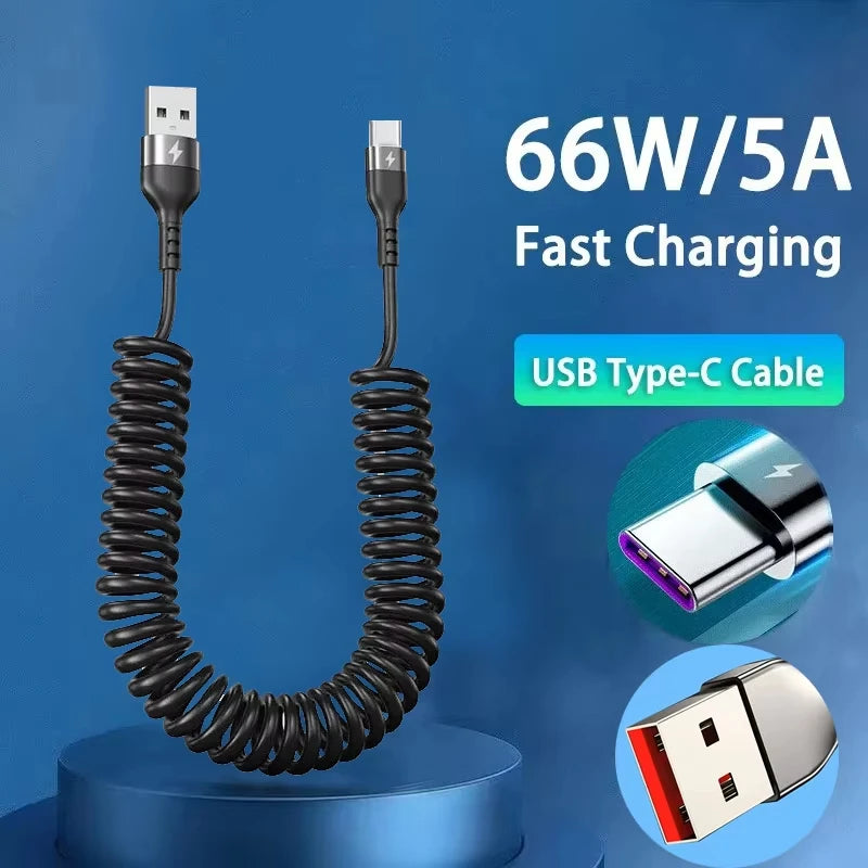 USB Type C 66W Car 5A Fast Charging Type C to Type C Spring Telescopic Cable For iPhone 15 Samsung Huawei Xiaomi Redmi OnePlus