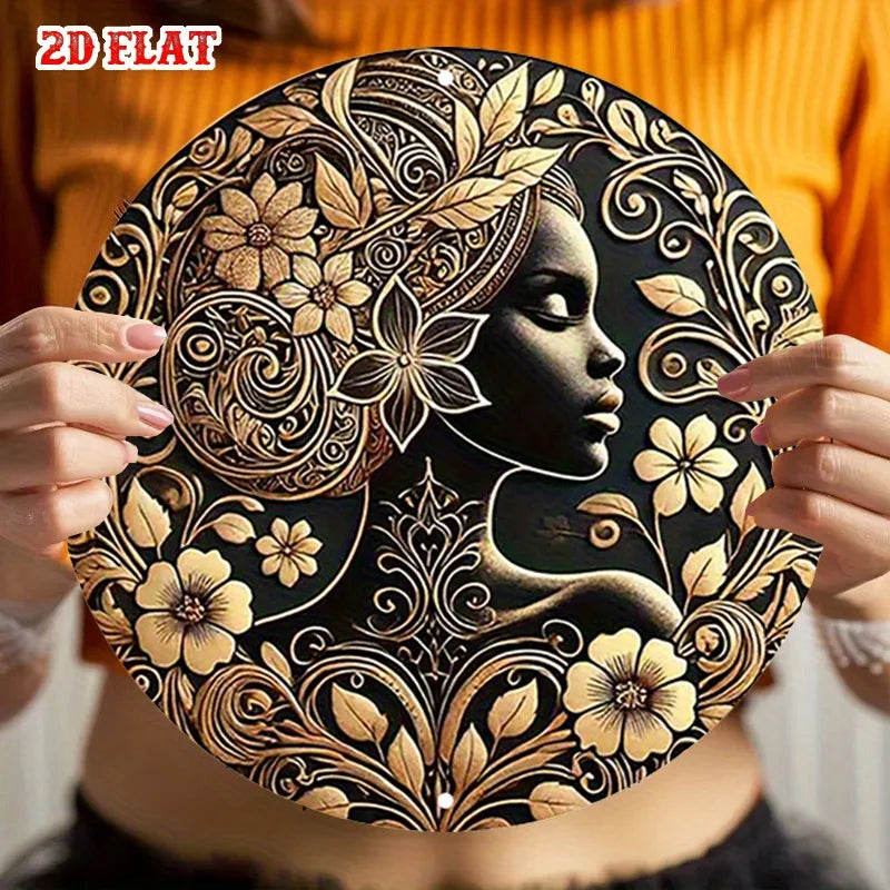 2D Flat Serenity Round Sign, Floral Crown Round Wall Decor African Beauty Rustic Metal Wall Art, Elegant Woman Metal Wall Art
