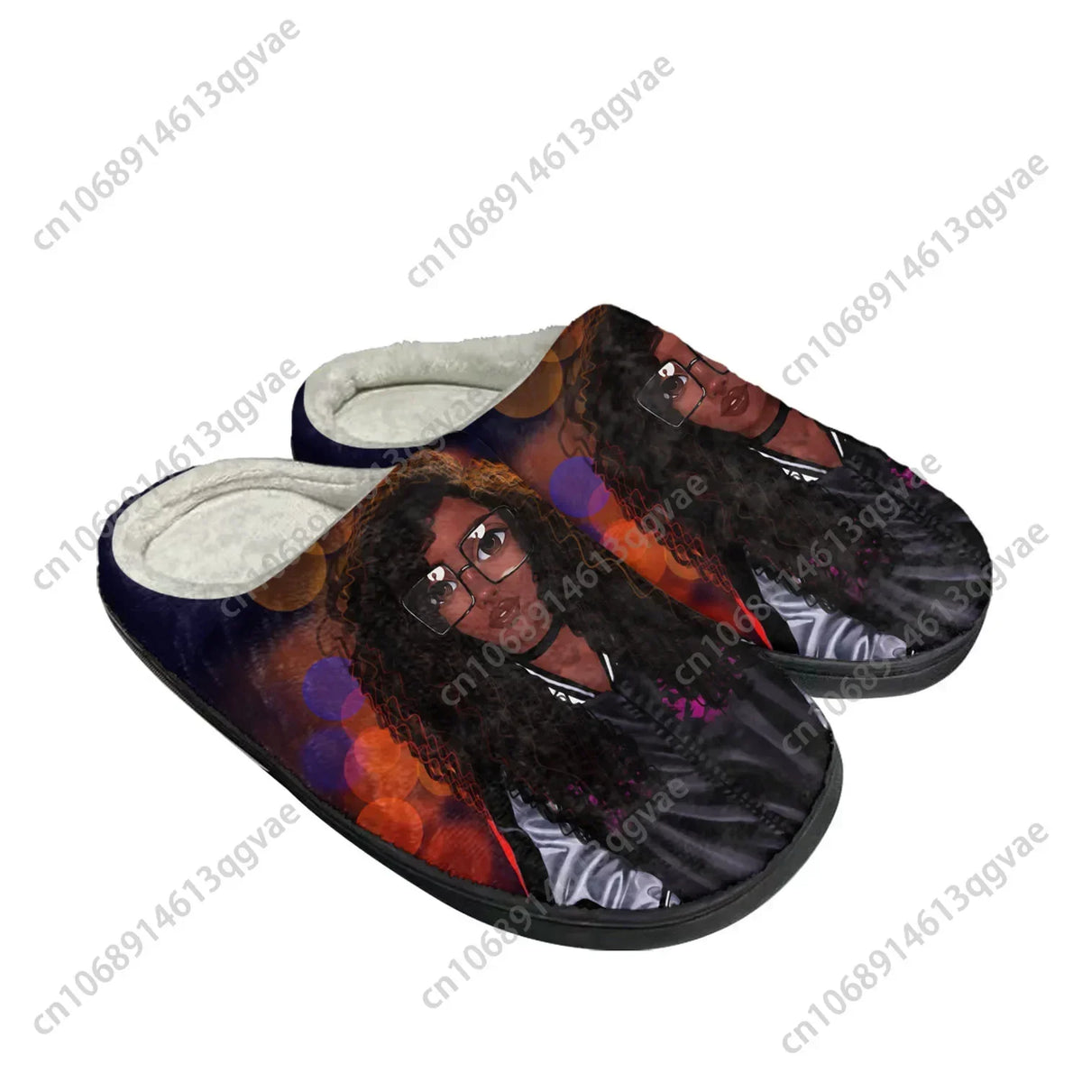 African Woman Black Home Cotton Custom Slippers Mens Womens Sandals Plush Bedroom Casual Keep Warm Shoe Thermal Slipper Black