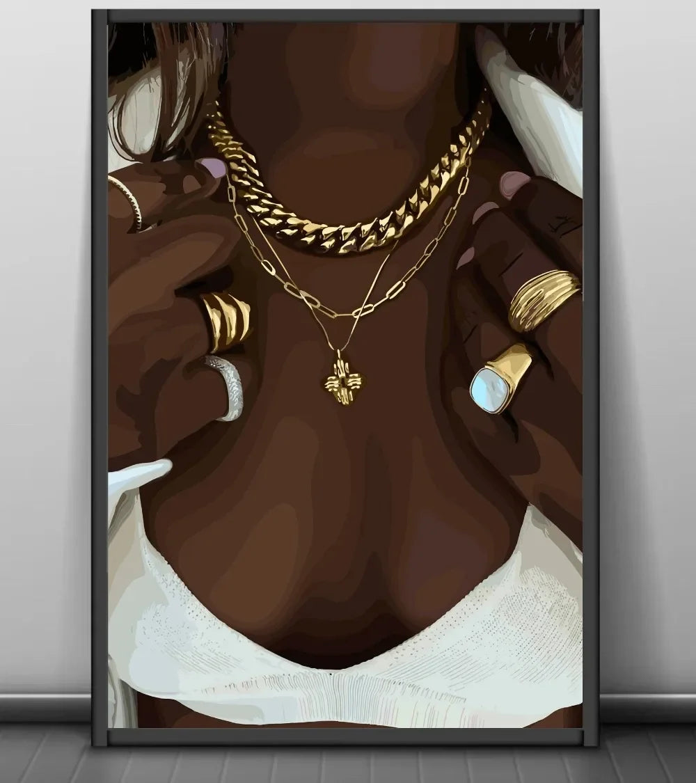 Modern African American Black Woman Fashion Portrait Posters and Prints Canvas Printing Wall Art Picture for Living Room Deco