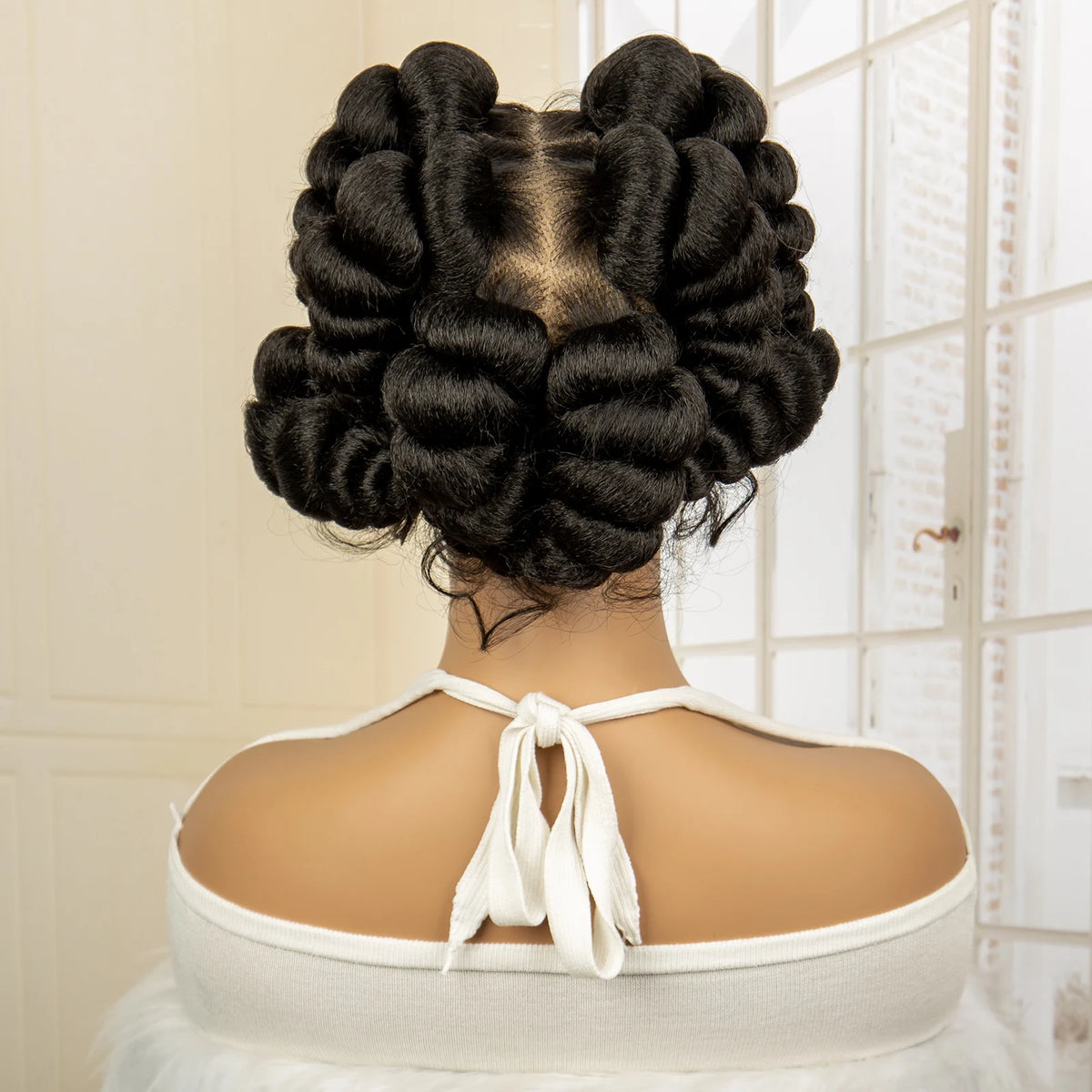 Full Lace Synthetic African Bantu Braided Wigs for Black Women Afro Hair Wig Lace Frontal Knotless Box Braiding Wig with Buns