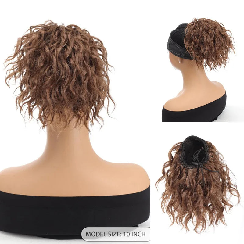25cm / 9.8inch Short Fluffy Curly Ponytail Wig, Drawstring African Fluffy Hair Bun, Synthetic Natural Wave Hairpiece, for Women Only. Suitable for Daily Use, Dates, Photography, Parties, and Other Occasions.