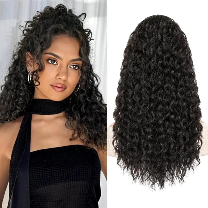 African deep wavy synthetic long curly hair natural drawstring ponytail wig