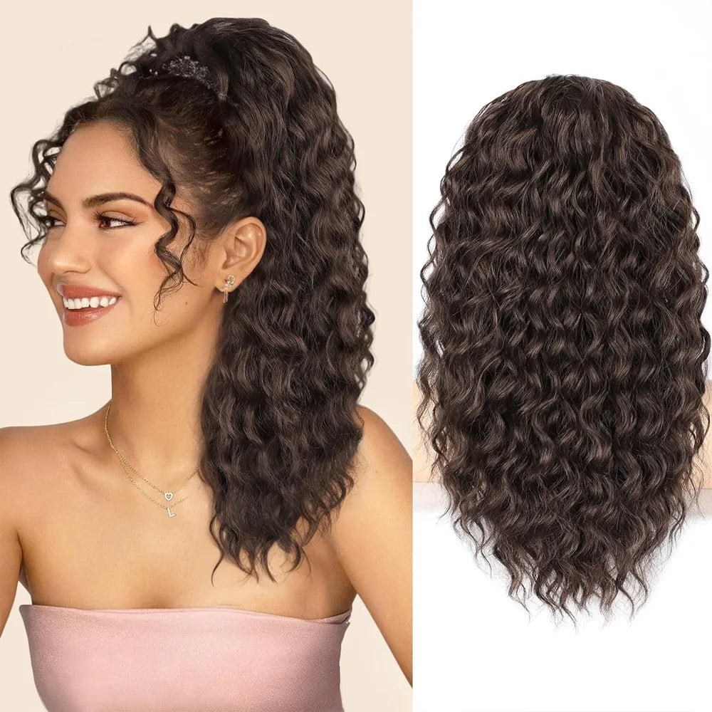 African deep wavy synthetic long curly hair natural drawstring ponytail wig