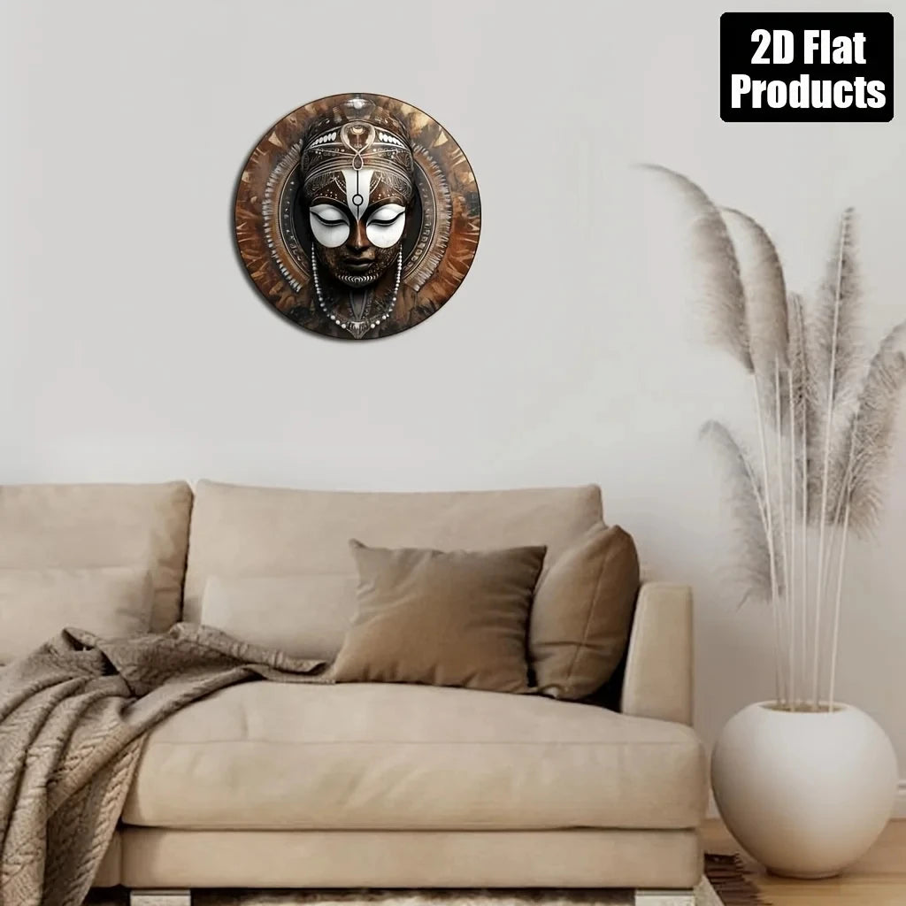 2D Flat, African Mask Wall Art - 20.32X 20.32cm Round Aluminum Metal Tribal Beaded Mask, Decorated with Coins and Cultural Patterns - H
