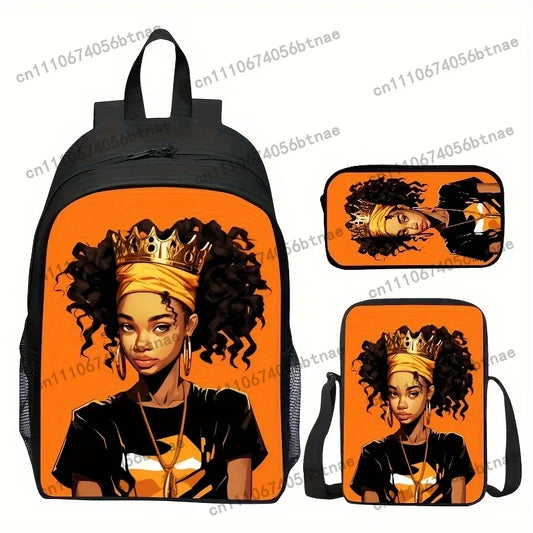 Lovely African Queen Cartoon Backpack Set for Women and Youth - Black Polyester with Golden Crown Design, Adjustable Straps, Zip