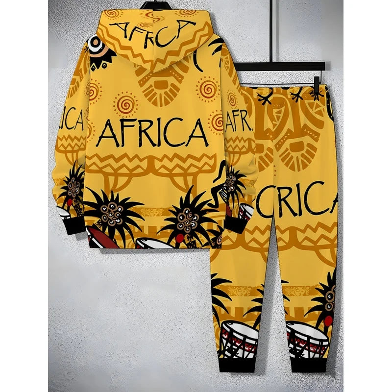 A Stylish And Casual Two-Piece Hoodie With Traditional Totems And Musical Instrument Patterns Themed Around African Culture
