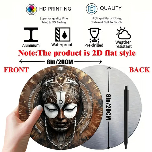 2D Flat, African Mask Wall Art - 20.32X 20.32cm Round Aluminum Metal Tribal Beaded Mask, Decorated with Coins and Cultural Patterns - H