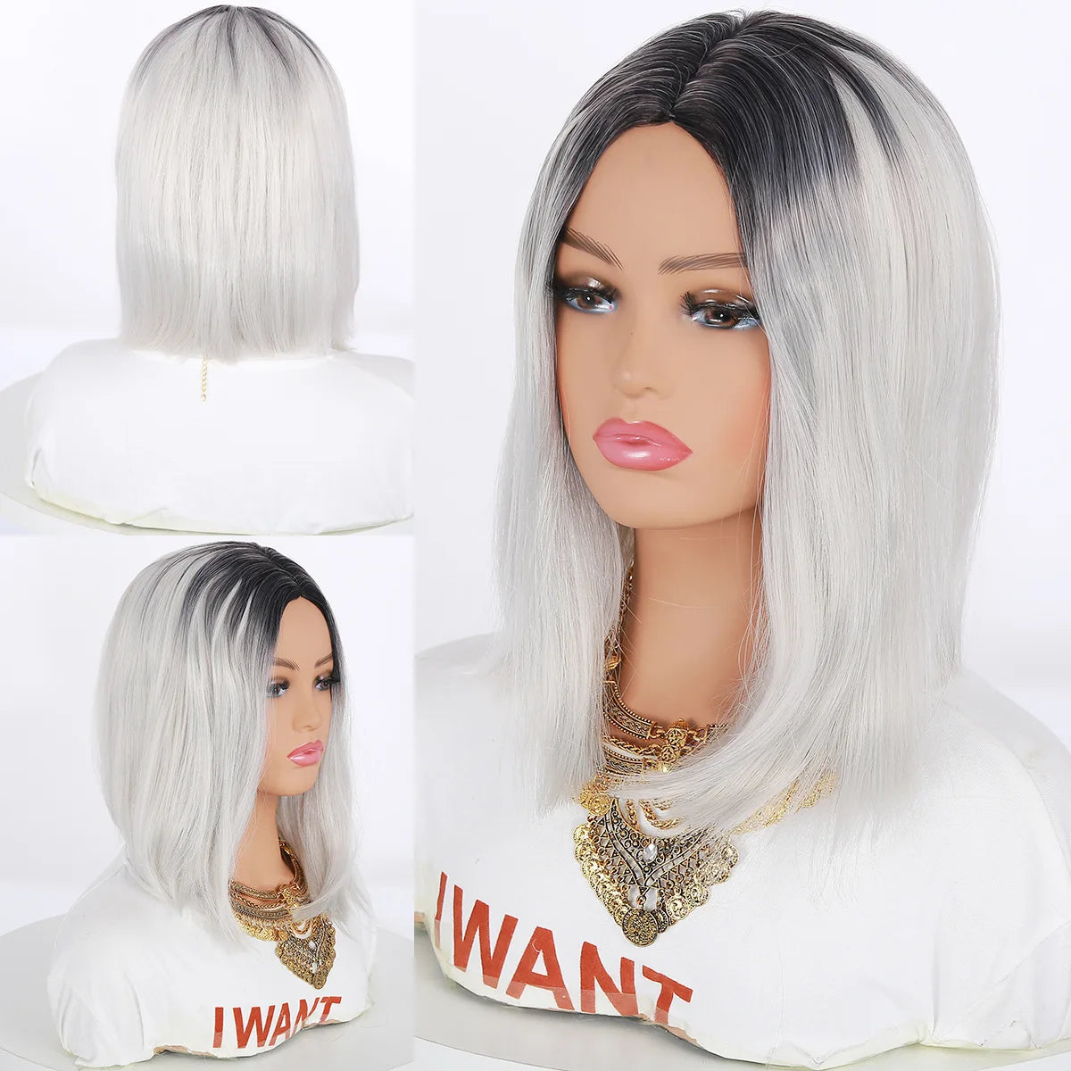 No-lace , African black short bob, middle-parted fluffy synthetic hair wig with straight bangs