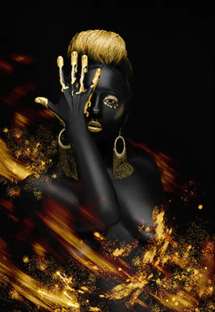 African Woman Art Black And Gold Portrait Canvas Paintings Poster Print Wall Art Picture Home Decor For Living Room Frameless