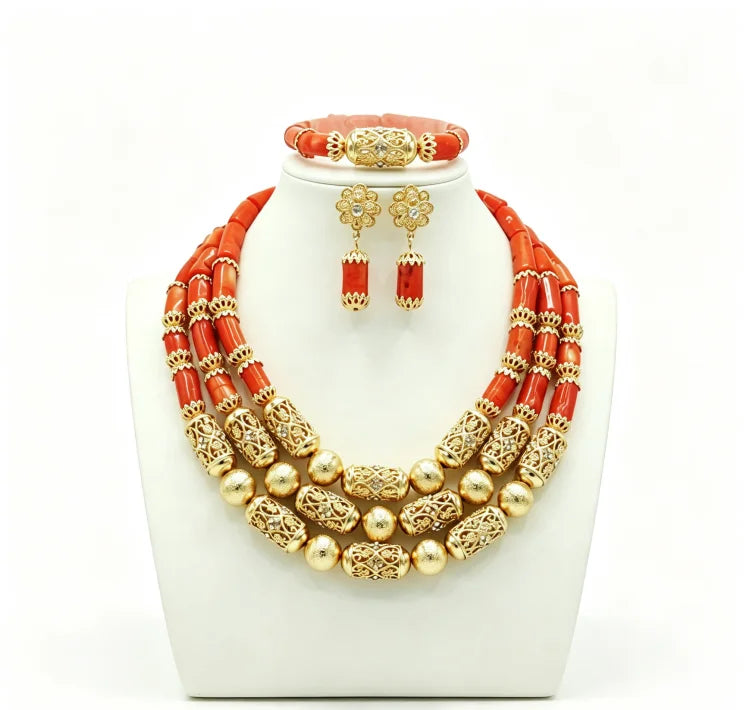 Handmade Coral Beads Women Jewelry Set African Ethnic Style Bridal Ornaments Wedding Gift for Ladies