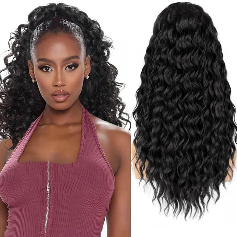 African deep wavy synthetic long curly hair natural drawstring ponytail wig