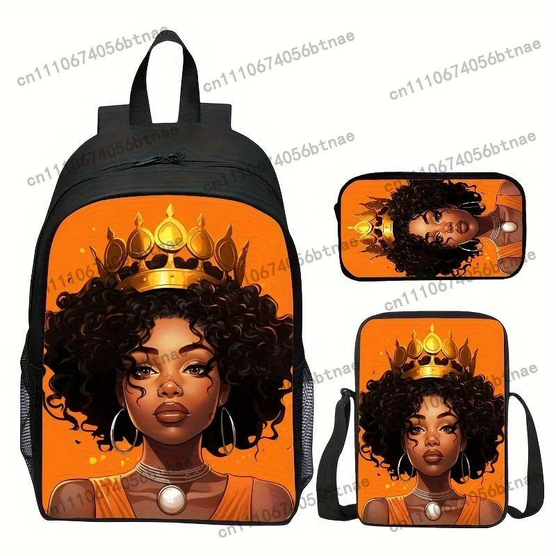 Lovely African Queen Cartoon Backpack Set for Women and Youth - Black Polyester with Golden Crown Design, Adjustable Straps, Zip