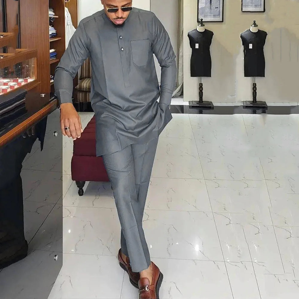 Big Size 3XL 4XL Stylish Streetwear African Men's Traditional Elegant Suits Fashion Casual Navy Blue 2Pcs Shirt & Pants Outfit