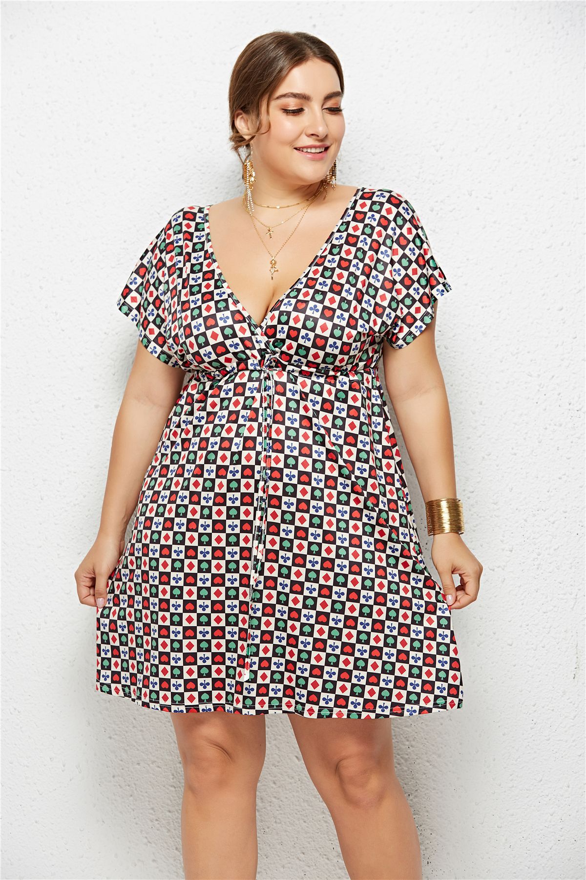 Printed Deep V-Neck Dress with Elastic Waist