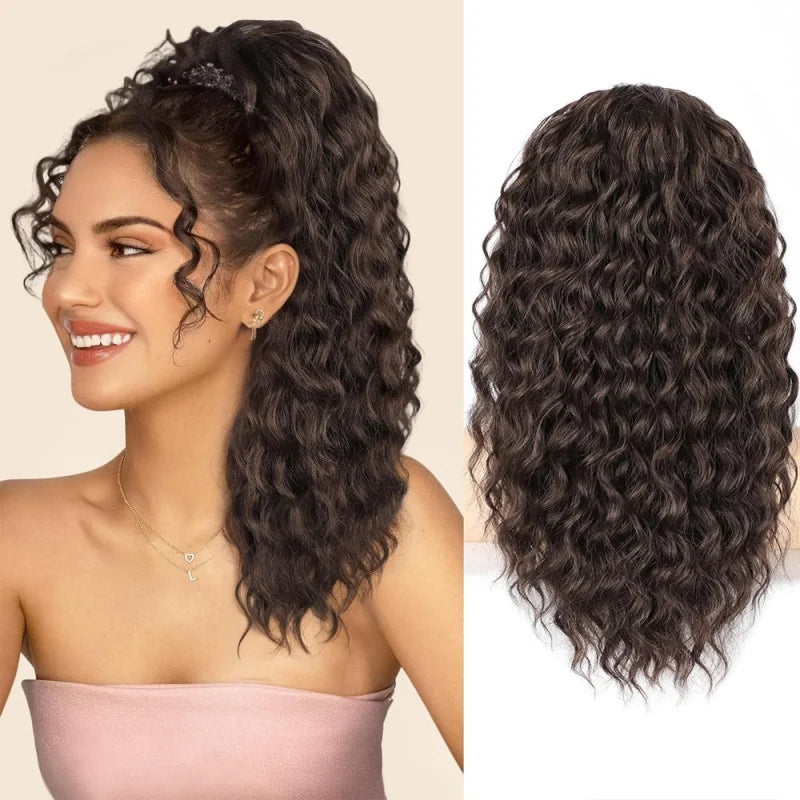 African deep wavy synthetic long curly hair natural drawstring ponytail wig