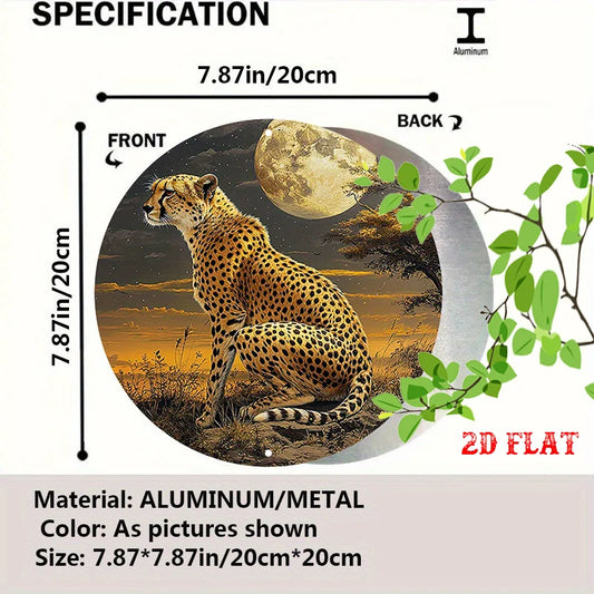 2D Flat  Adventure Spirit Round Sign, Moonlit Night Wall Decor Cheetah Rustic Metal Wall Art,African Beauty Metal Wall Art Decor