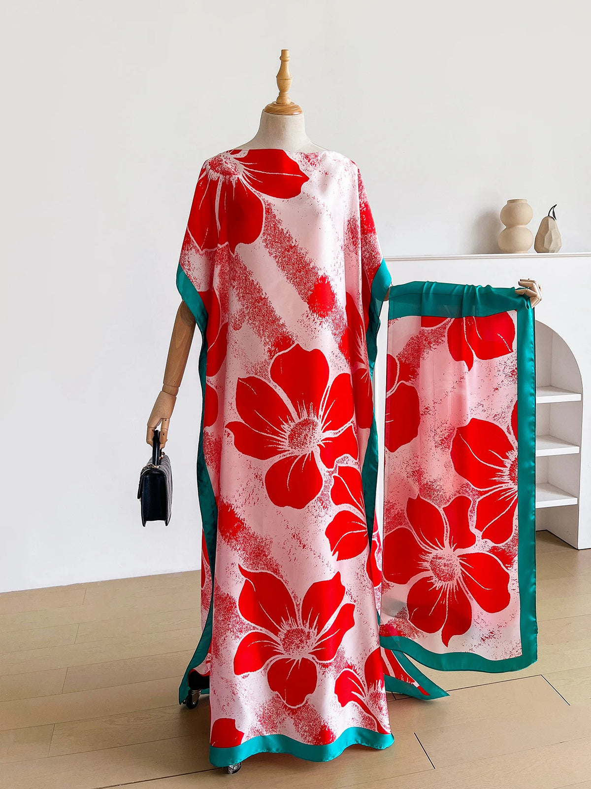 Summer Boho Floral Print Abaya With Scarf, Loose Batwing Maxi Kaftan For African Muslim Women Beach Holiday Wear