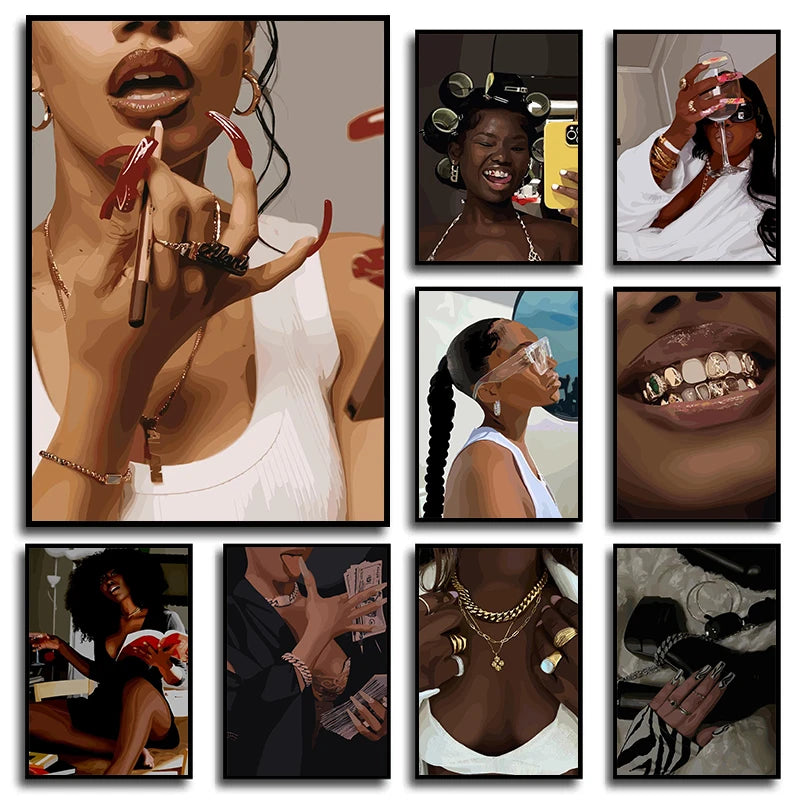 Modern African American Black Woman Fashion Portrait Posters and Prints Canvas Printing Wall Art Picture for Living Room Deco