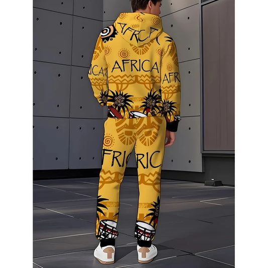 A Stylish And Casual Two-Piece Hoodie With Traditional Totems And Musical Instrument Patterns Themed Around African Culture