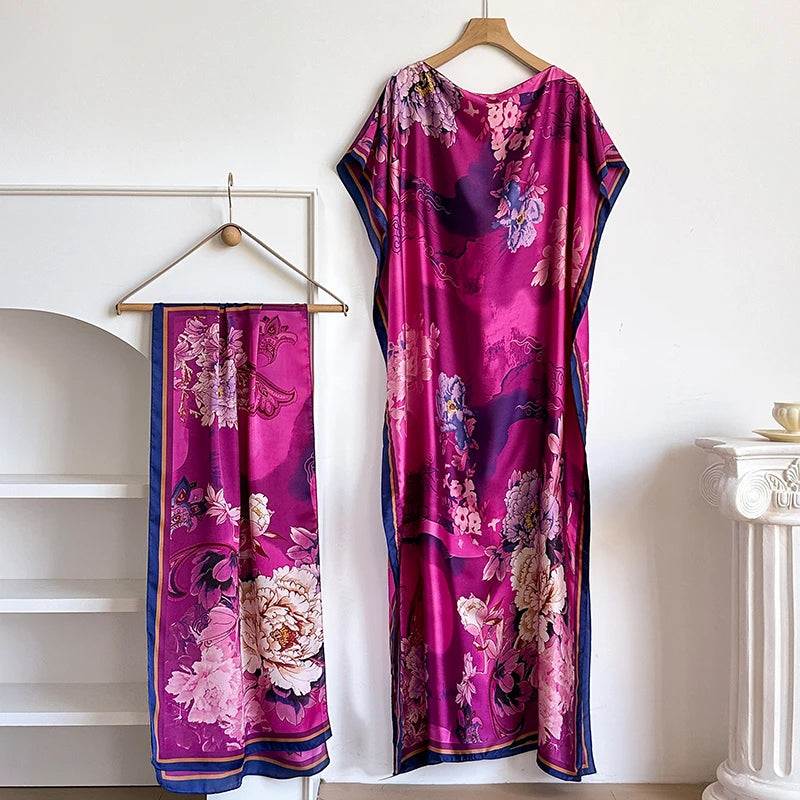 NEW Fashion Summer Dress With Big Scarf Dubai Turkey Kaftan Muslim Loose Abaya Women African Casual Maxi Flower Shawl Robe