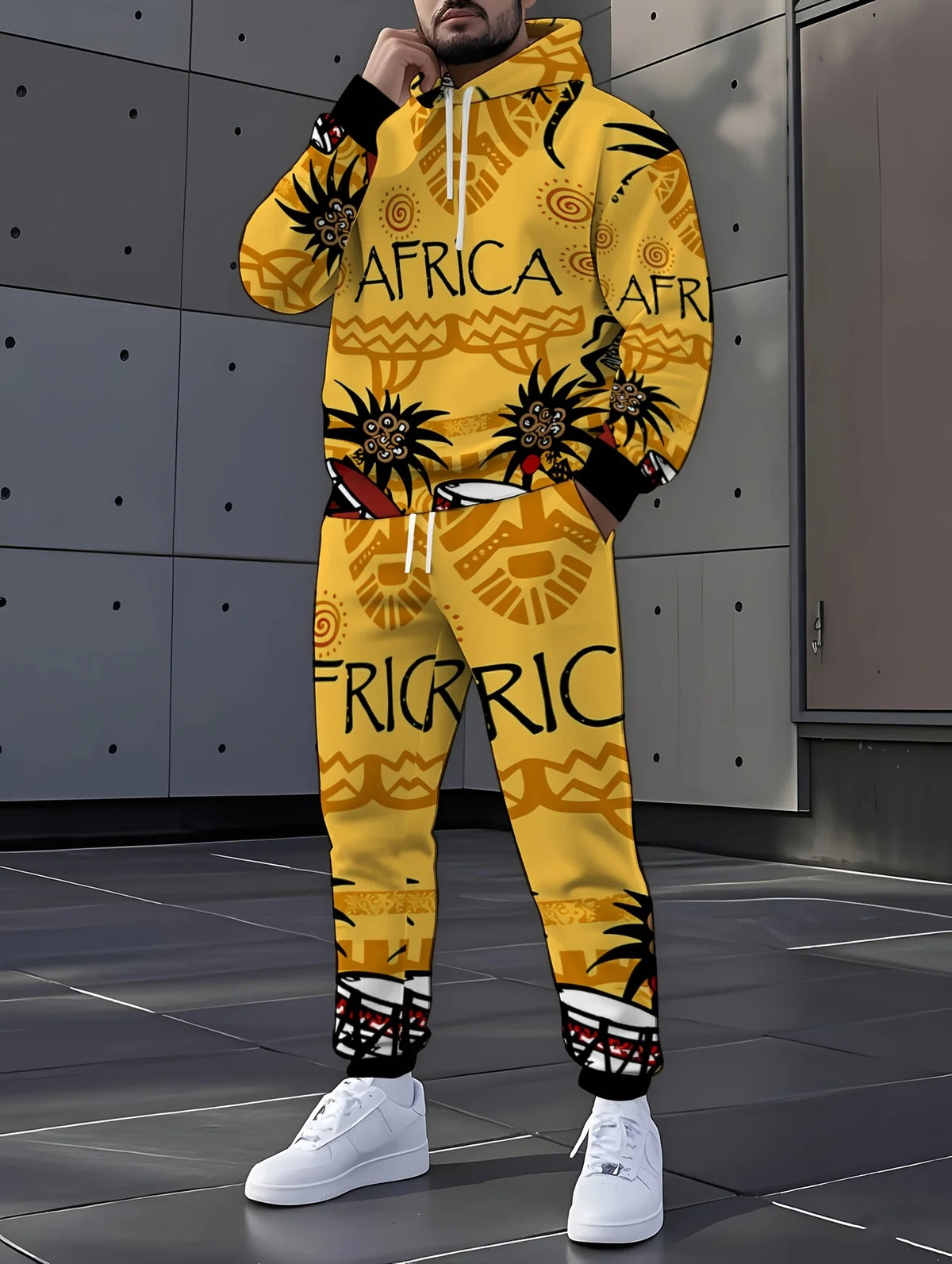A Stylish And Casual Two-Piece Hoodie With Traditional Totems And Musical Instrument Patterns Themed Around African Culture
