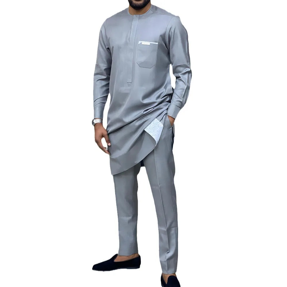 Big Size 3XL 4XL Stylish Streetwear African Men's Traditional Elegant Suits Fashion Casual Navy Blue 2Pcs Shirt & Pants Outfit