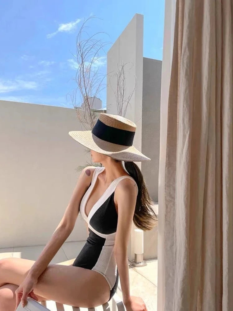 Korean Ins Style Swimsuit Women Inspired Black White Tweed Texture One Piece Deep V Neck Backless Padded Beachwear