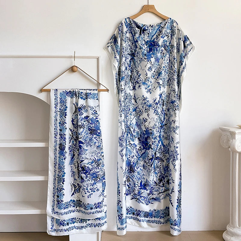 NEW Fashion Summer Dress With Big Scarf Dubai Turkey Kaftan Muslim Loose Abaya Women African Casual Maxi Flower Shawl Robe