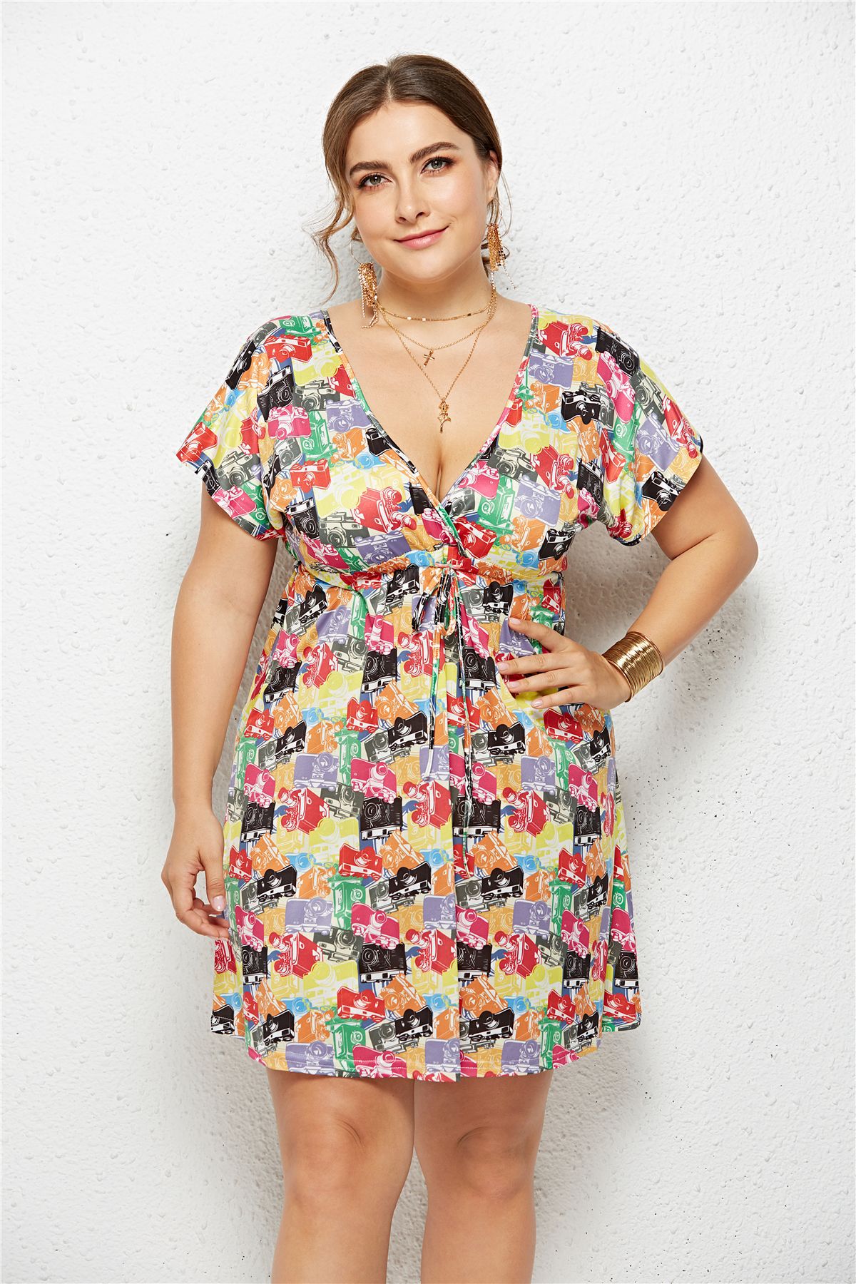 Printed Deep V-Neck Dress with Elastic Waist