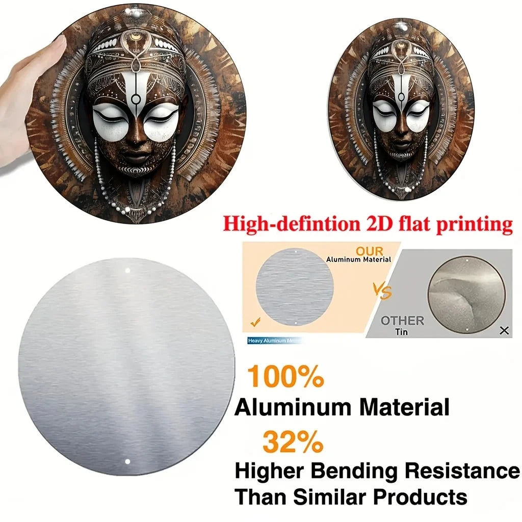 2D Flat, African Mask Wall Art - 20.32X 20.32cm Round Aluminum Metal Tribal Beaded Mask, Decorated with Coins and Cultural Patterns - H