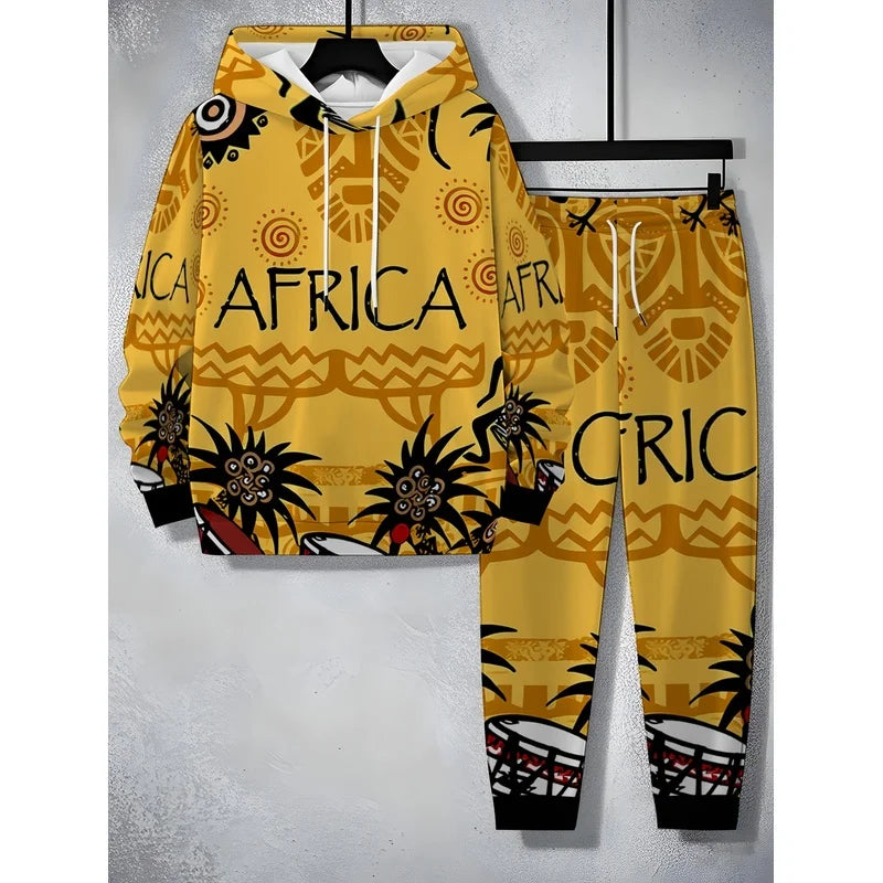 A Stylish And Casual Two-Piece Hoodie With Traditional Totems And Musical Instrument Patterns Themed Around African Culture