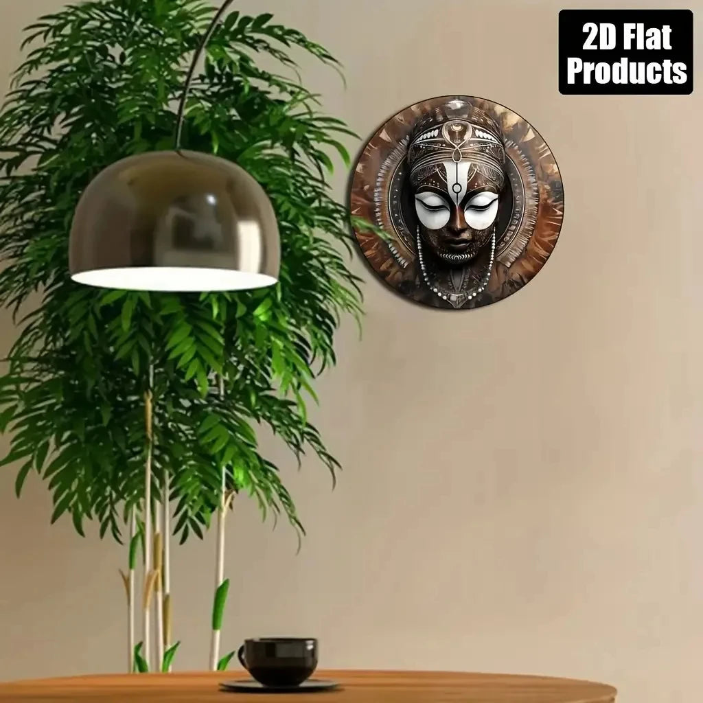 2D Flat, African Mask Wall Art - 20.32X 20.32cm Round Aluminum Metal Tribal Beaded Mask, Decorated with Coins and Cultural Patterns - H