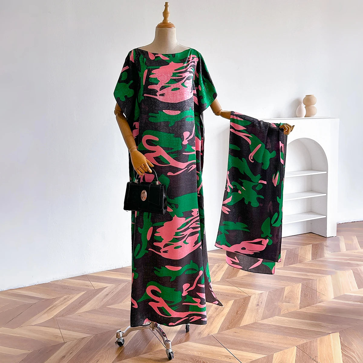 2025 New African Fashion Short Sleeve Colored Pattern Dubai Women Summer Real Silk Soft Printing Loose Tradition Muslim Scraf