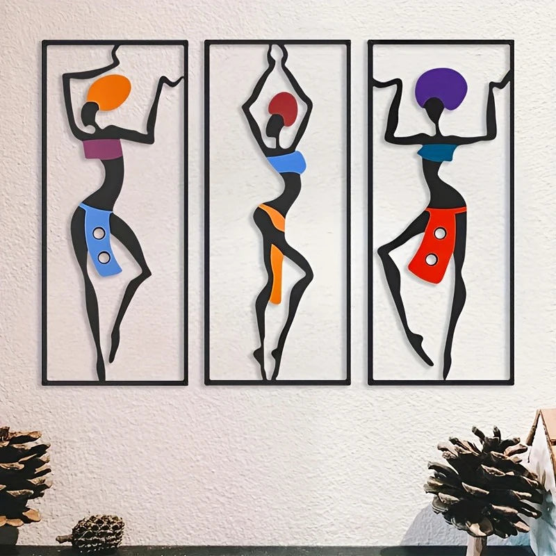 3pcs Metal Modern African Woman Wall Art Sculpture - Abstract Ethnic Dance Statues, Iron Wall-Mountable Indoor/Outdoor Decor