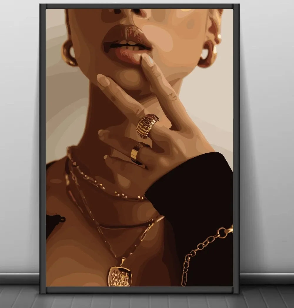 Modern African American Black Woman Fashion Portrait Posters and Prints Canvas Printing Wall Art Picture for Living Room Deco