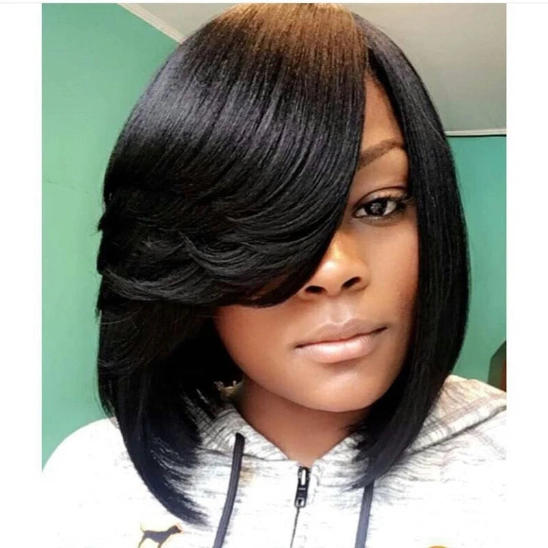 African wig with short , bangs, side parting, simulated scalp, black long straight hair, high-temperature fibe