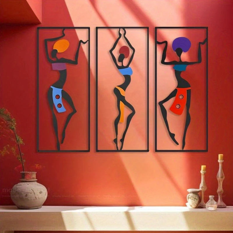 3pcs Metal Modern African Woman Wall Art Sculpture - Abstract Ethnic Dance Statues, Iron Wall-Mountable Indoor/Outdoor Decor