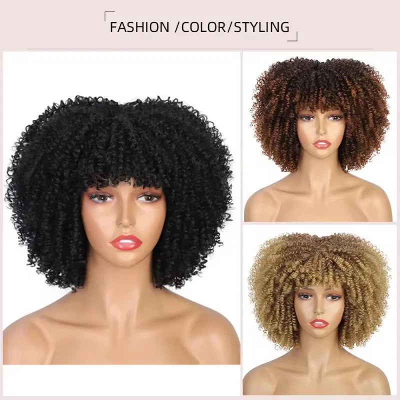 European and American women's African black fluffy small curly afro wig full head cover