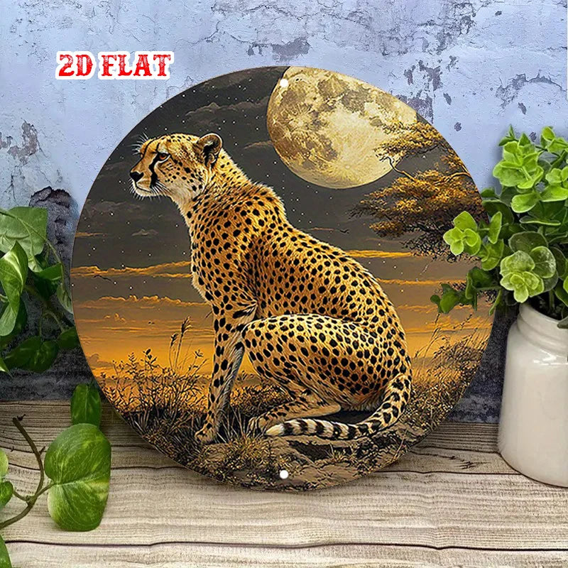 2D Flat  Adventure Spirit Round Sign, Moonlit Night Wall Decor Cheetah Rustic Metal Wall Art,African Beauty Metal Wall Art Decor