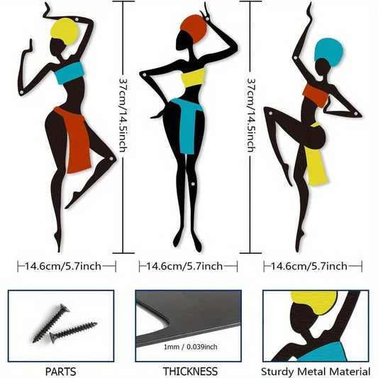 3 Pieces of African Metal Wall Art - Ethnic Dance Style Silhouette Art, Maximalist Hanging Decoration, Unique Wall Sculpture Gift, Geometric Patterns, Iron Material, Horizontal Orientation, Suitable for Living Room, Christmas Decoration