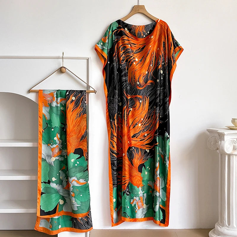 NEW Fashion Summer Dress With Big Scarf Dubai Turkey Kaftan Muslim Loose Abaya Women African Casual Maxi Flower Shawl Robe