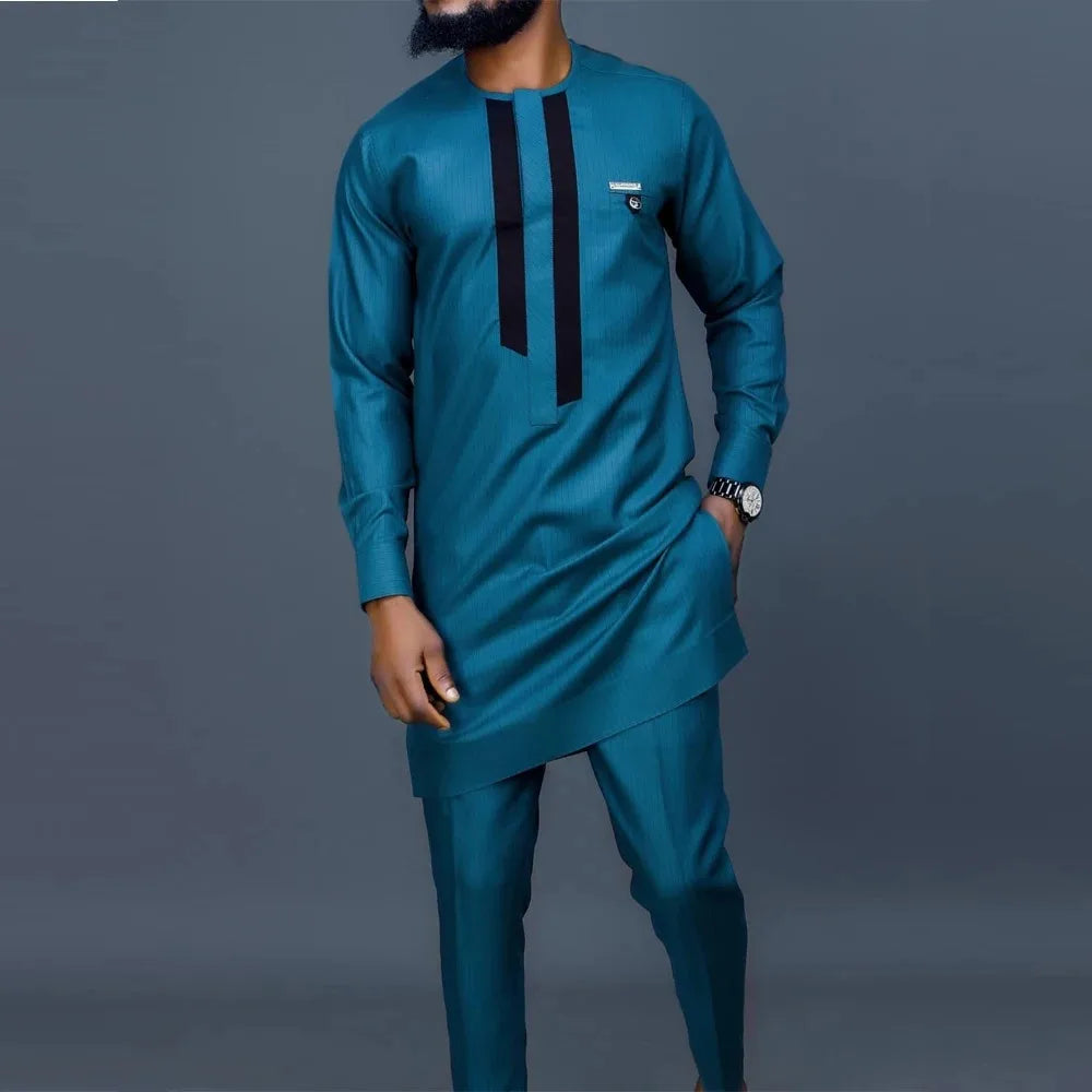 Big Size 3XL 4XL Stylish Streetwear African Men's Traditional Elegant Suits Fashion Casual Navy Blue 2Pcs Shirt & Pants Outfit