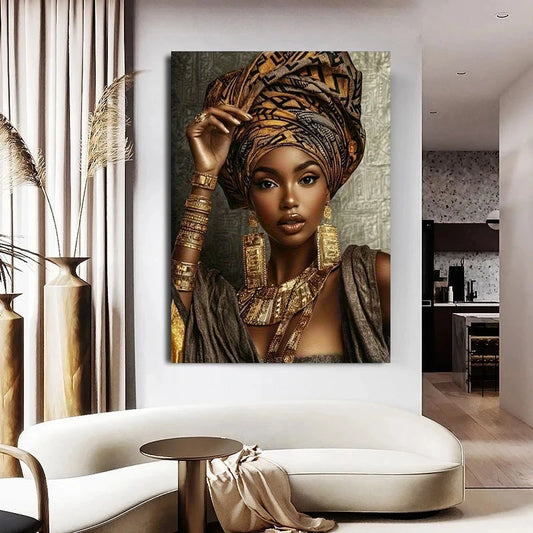 Beautiful African Queen Poster and Prints Golden Woman Canvas Painting Wall Art Picture Living Room Home Decor Cuadros No Frame