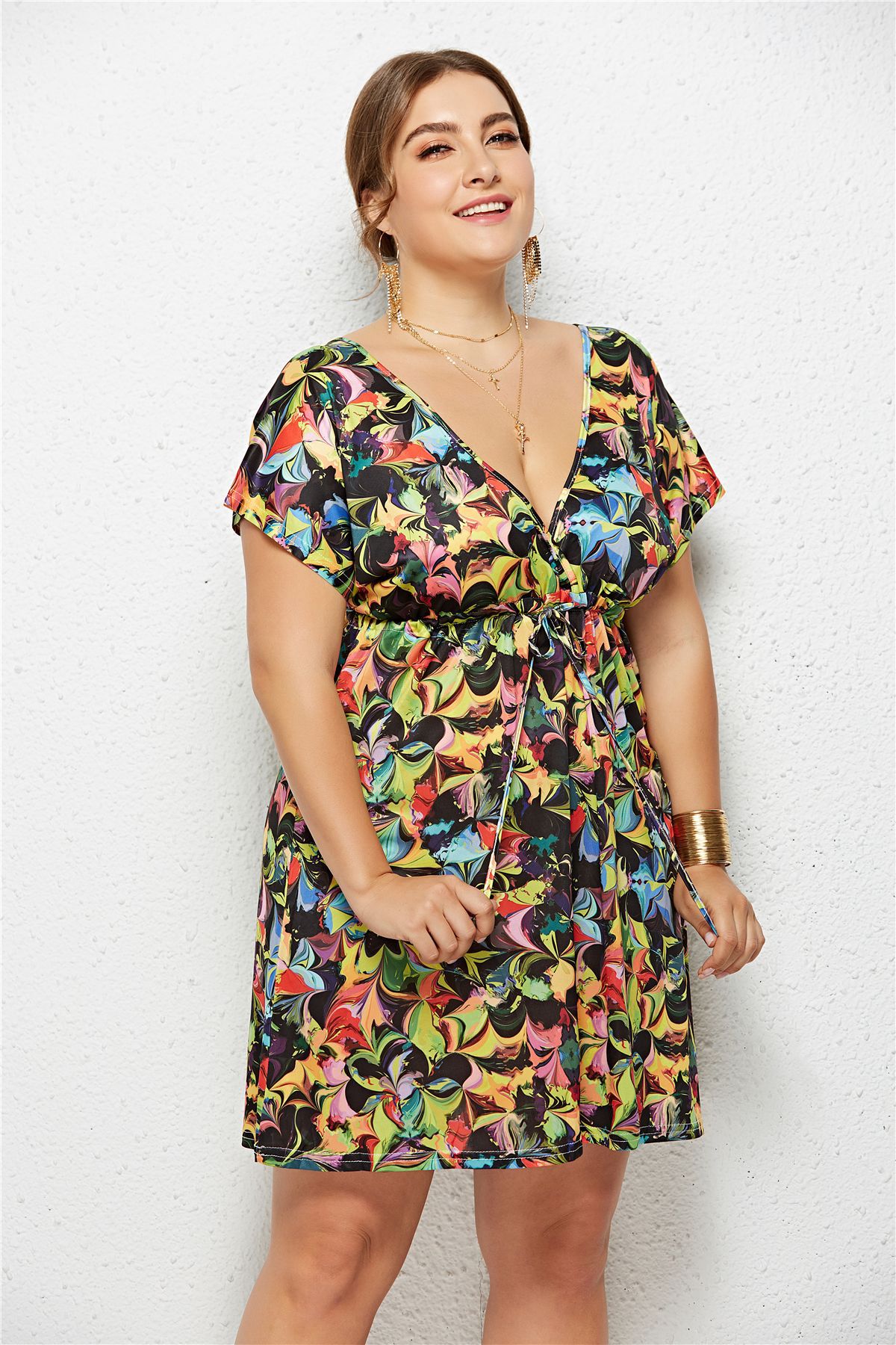 Printed Deep V-Neck Dress with Elastic Waist