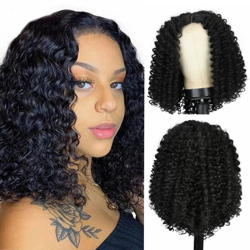 African Curly for Women, Fluffy Afro , Machine-Made Synthetic Full Head Wig