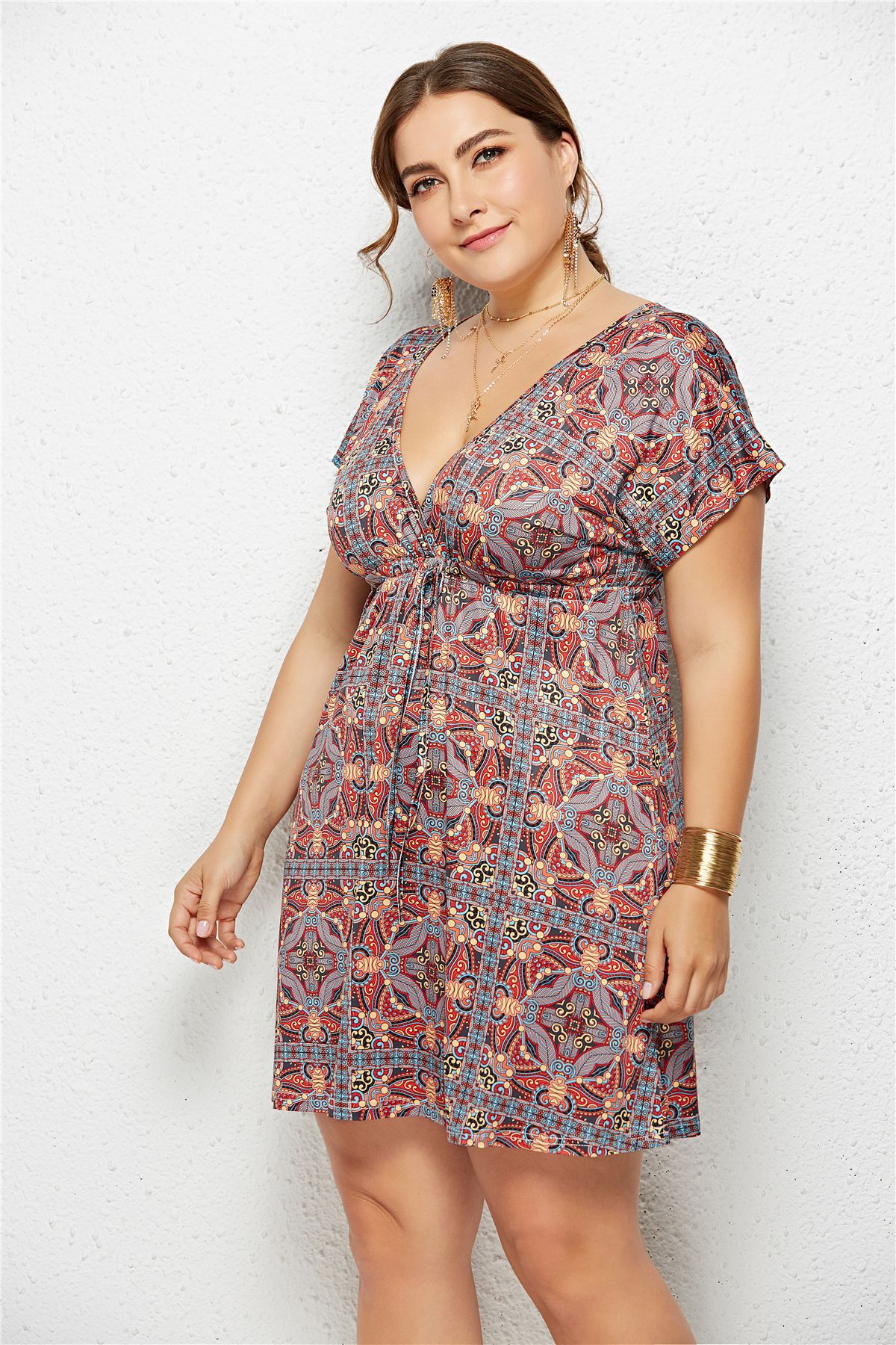 Printed Deep V-Neck Dress with Elastic Waist