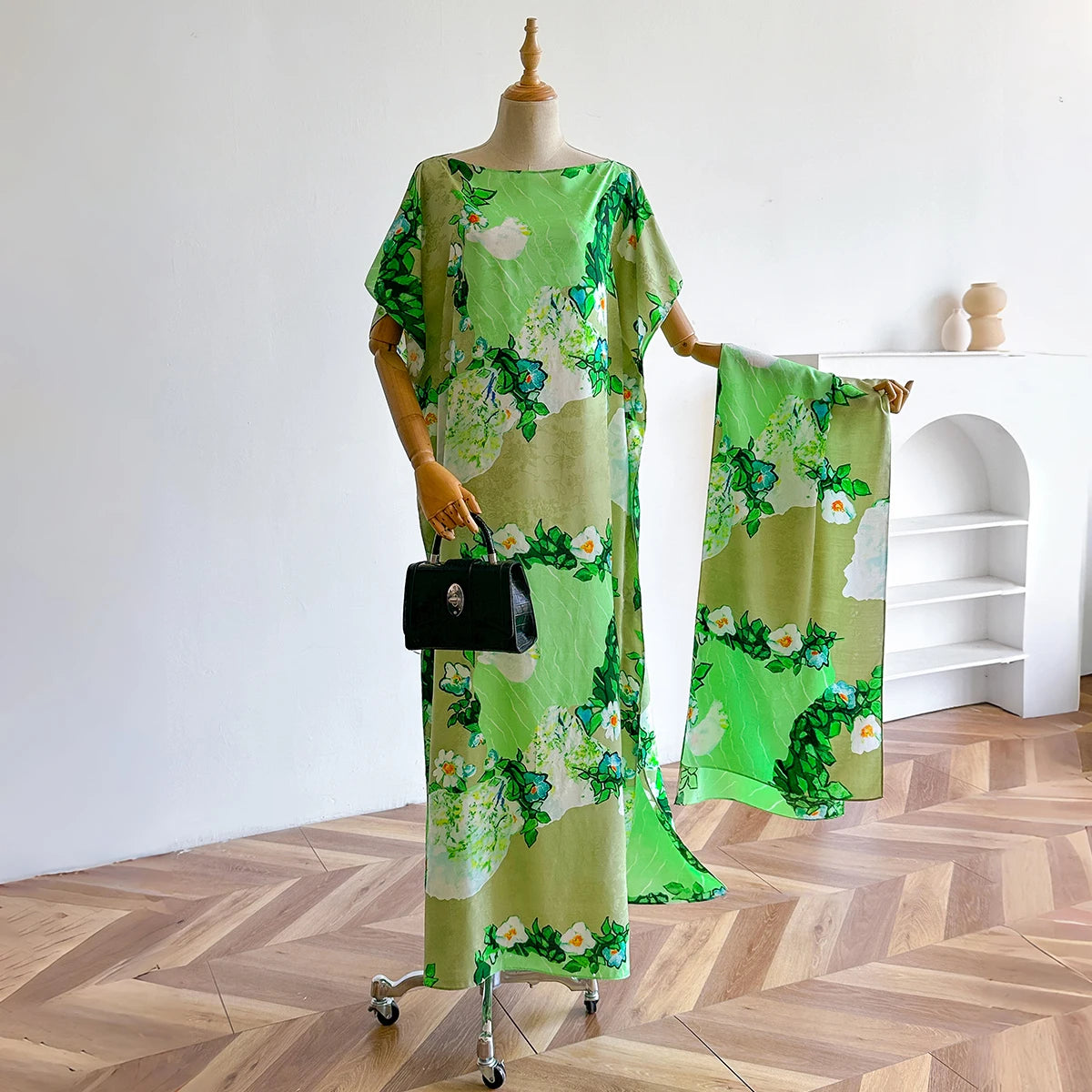 2025 New African Fashion Short Sleeve Colored Pattern Dubai Women Summer Real Silk Soft Printing Loose Tradition Muslim Scraf