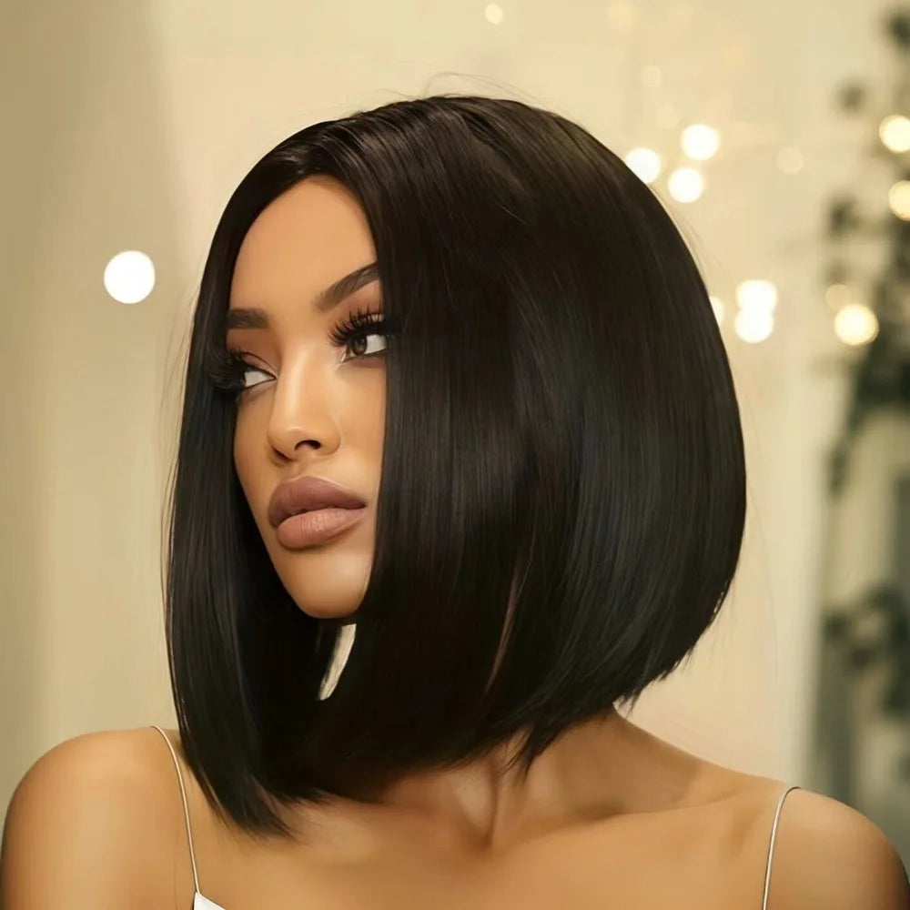 No-lace , African black short bob, middle-parted fluffy synthetic hair wig with straight bangs