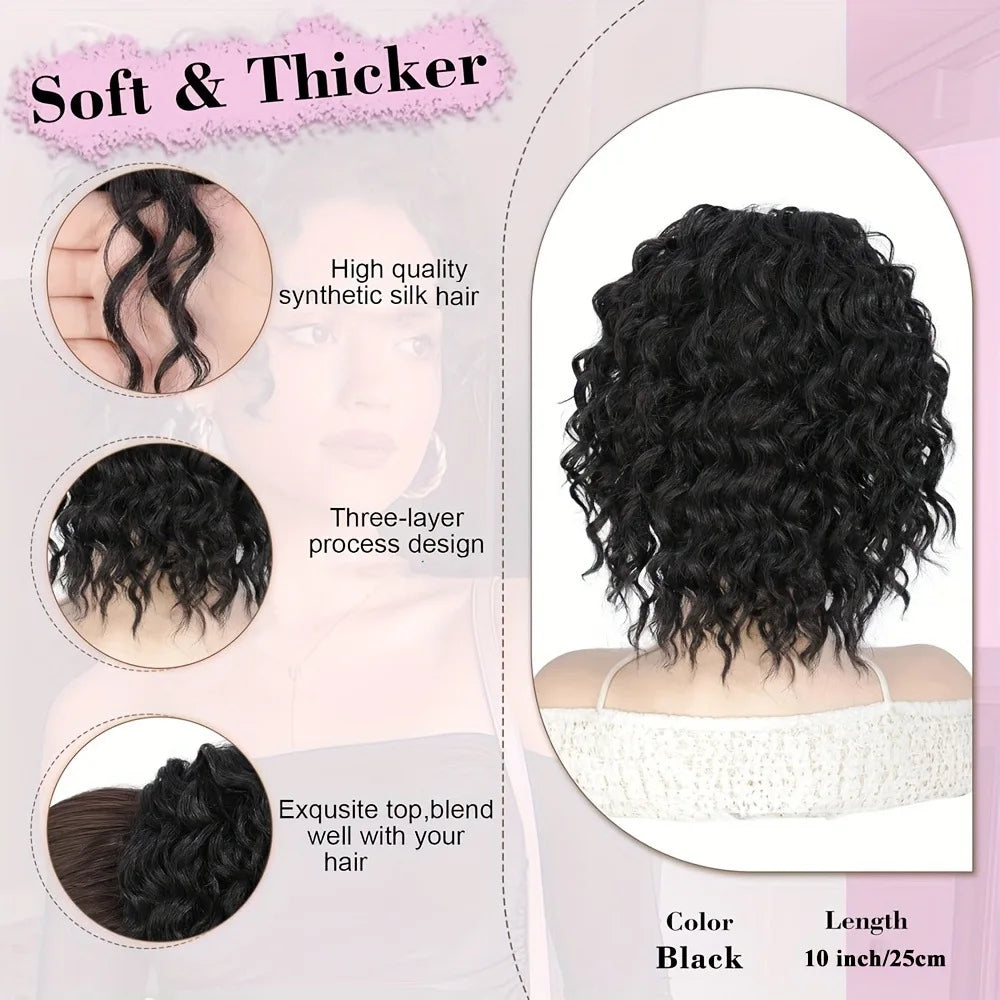 25cm / 9.8inch Short Fluffy Curly Ponytail Wig, Drawstring African Fluffy Hair Bun, Synthetic Natural Wave Hairpiece, for Women Only. Suitable for Daily Use, Dates, Photography, Parties, and Other Occasions.